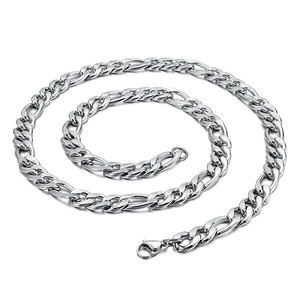 Polished silver titanium steel 3:1 Figaro chain necklace for men in spiral layout