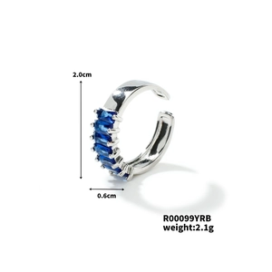 Close-up of silver ring with blue baguette stones showing 2.0cm height and 0.6cm width