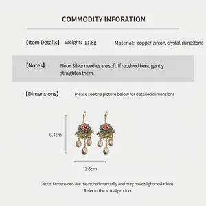 Detailed size chart showing bohemian zircon earrings with crystal tassels and silver pins