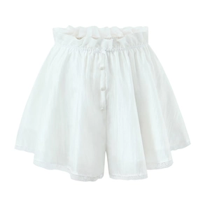 White lace trim high waist shorts with elastic waistband and bow detail on white background
