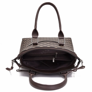 Brown vintage tote bag with floral print showing spacious multi-layer zipper compartments