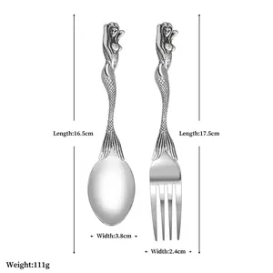 Retro mermaid stainless steel cutlery set with skull head details for themed dining