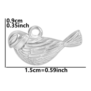 Detailed size chart of a bird-shaped stainless steel pendant measuring 1.5cm by 0.9cm