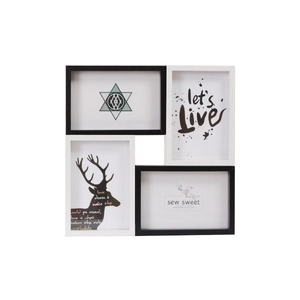 Modern black and white 4-opening collage picture frame for 6-inch photos on wall or tabletop