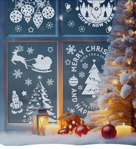 Stickers de Noël blancs pour fenêtres avec Père Noël, rennes et flocons de neige