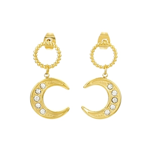 Chic golden stainless steel earrings with sparkling crescent moon pendants and rhinestones