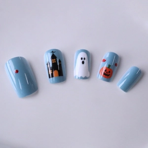 Halloween blue press-on nails with cute ghost, pumpkin, and castle designs for women