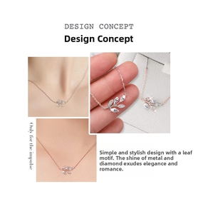 Detailed views of D color moissanite leaf necklace in silver and rose gold finishes