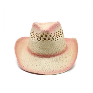 Détail d'un chapeau de cowboy en paille tressée avec aération et bord dégradé rose