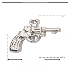 Detail of silver revolver pistol pendant in stainless steel with size and weight specs