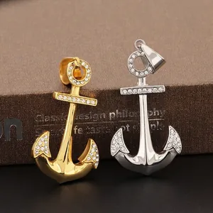 Collier Pendentif Ancre Hip Hop Acier Inoxydable Plaqué Or 18K Avec Strass Bijoux Nautiques Pour Hommes