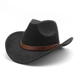 Classic black wool western cowboy hat featuring a brown embossed band and metal studs