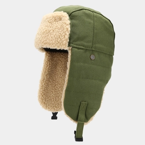 Winter aviator trapper hat in army green canvas with warm faux shearling lining