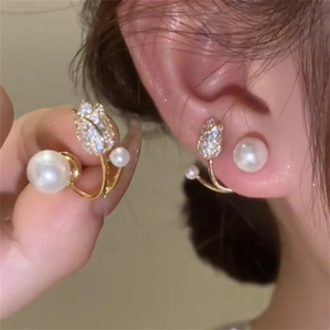 Elegant tulip flower pearl earrings with gold plating and white crystal inlay for women
