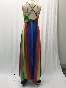 Detail of rainbow gradient chiffon maxi dress featuring backless cross straps design