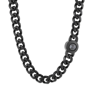 Polished black titanium steel Cuban chain necklace with a round black gemstone pendant