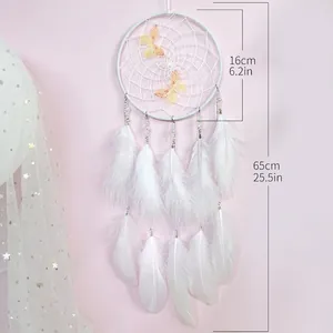 White butterfly dream catcher with feathers and beads, wall hanging decor 65cm