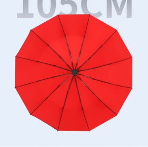 Top view of a bright red 105cm large 12-rib windproof umbrella canopy fully opened