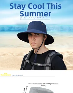 Detail showing wide brim sun hat with adjustable strap and 58-60cm circumference size