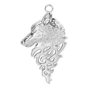 Macro shot of silver-tone hollow wolf head pendant with intricate punk style detailing