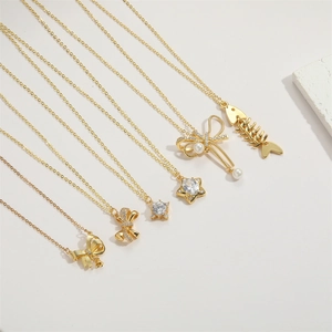 14K gold plated copper bow and fishbone pendant necklaces with zircon and pearl accents