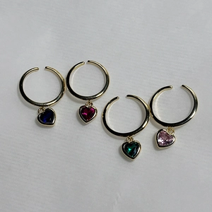 Gold open rings with colorful heart zircon pendants in blue, red, green and pink