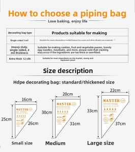 Size guide for food-grade disposable icing bags in small, medium, and large HDPE dimensions