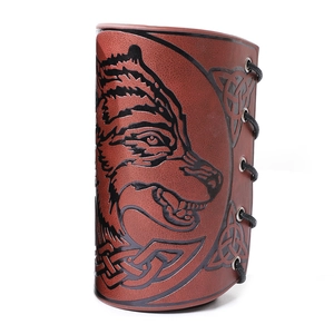 Brown Viking PU leather bracer featuring a black wolf head and Celtic knot embossed design