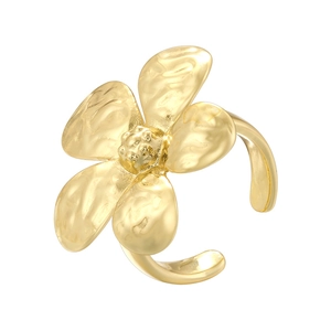 Detailed close-up of a gold floral open ring with elegant irregular petals and metal luster