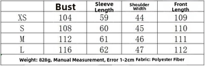 Tabella taglie per cappotto in pelle scamosciata con misure di busto e lunghezza XS-L