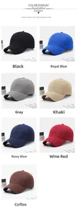 Detailed grid view showing seven colors of plain cotton twill baseball caps for outdoor use