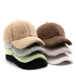 Plush Baseball Cap Faux Fur Winter Warm Thick Lambswool Style Solid Color Curved Brim Outdoor Sun Hat For Men Women