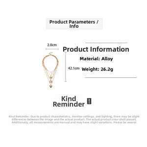 Detailed size chart for gold multi-layer necklace with heart and coin pendants