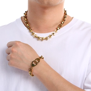 Gold bamboo link chain necklace and handcuff bracelet jewelry set for men and women