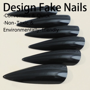 Glossy black stiletto press-on nails set with quick application design on beige base