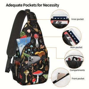 Sac bandoulière motif champignon montrant diverses poches pour tablettes et objets