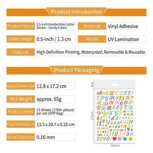 Detail showing 0.5 inch waterproof alphabet stickers with product dimensions and specs