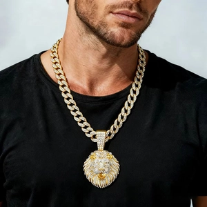 Collier Chaîne Cubaine Pendentif Tête De Lion Alliage Serti De Strass Bijoux Style Hip Hop Street Pour Hommes Et Femmes