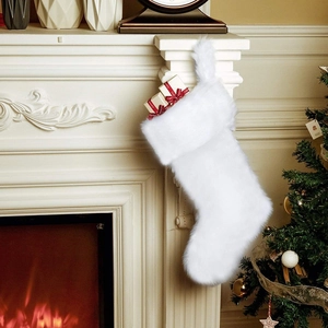 White plush Christmas stocking decoration for tree hanging and festive gift bag usage