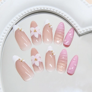 French press-on nails with 3D lily flower carvings and gradient pearl textures