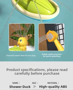 Detail of yellow duck bath toy showing powerful water spray and multi-hole shower head