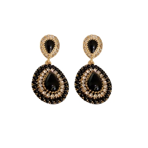 French vintage dark style gold earrings with black gemstones and clear crystals for women