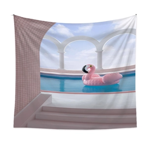 Surrealistischer 3D-Wandteppich mit Flamingo, griechischem Bogen und blauem Pool