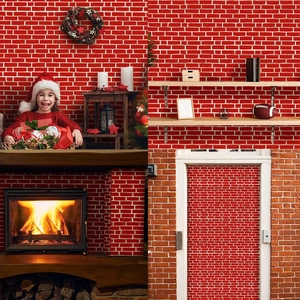 Detail showing red brick wall stickers used for fireplace and Christmas party decor