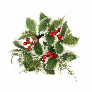 Christmas candle ring with red berries, pine needles and frosted green holly leaves
