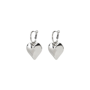 Minimalist silver heart drop earrings with polished metallic finish and snap closure