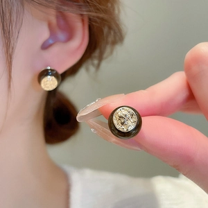 Detailed view of brown tiger eye earrings with gold relief on vintage stud design