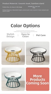 Detail of ceramic cat bowls with metal stands in gold and black for neck protection