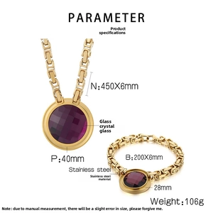 Detailed dimension guide for gold stainless steel jewelry set with purple glass stones