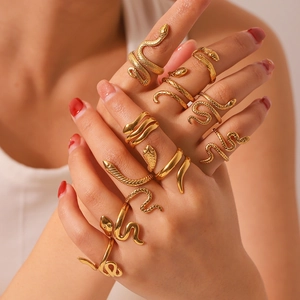 Polished 18K gold plated stainless steel snake shaped adjustable open rings for women